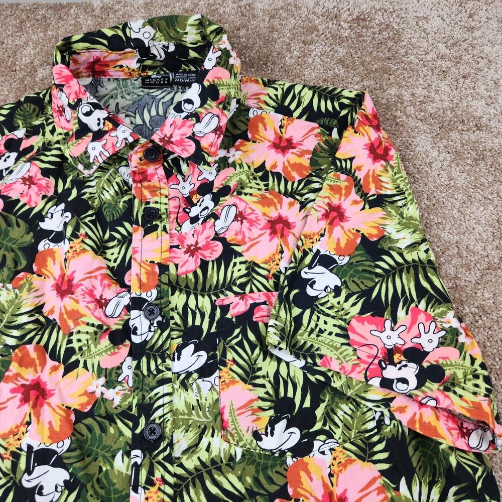 Disney Mickey Mouse Mens Medium Tropical Floral Hawaiian Button Down Shirt Black